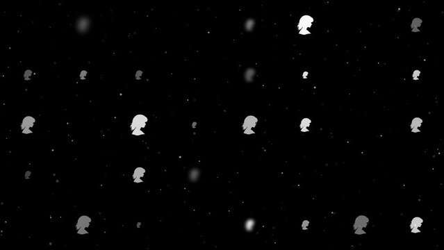 Template animation of evenly spaced woman face profile symbols of different sizes and opacity. Animation of transparency and size. Seamless looped 4k animation on black background with stars