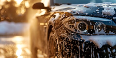 Car wash outdoor, car in white foam. - obrazy, fototapety, plakaty