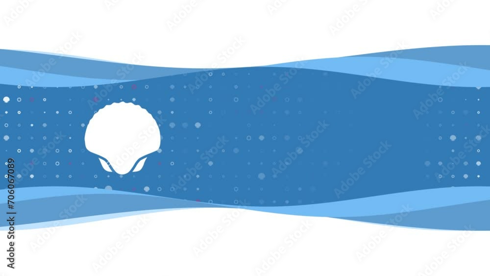 Poster animation of blue banner waves movement with white sea shell symbol on the left. on the background t