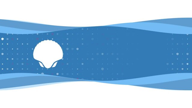 Animation of blue banner waves movement with white sea shell symbol on the left. On the background there are small white shapes. Seamless looped 4k animation on chroma key background