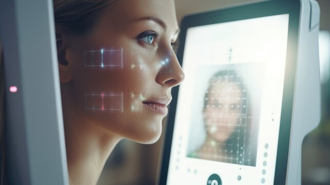 Closeup view of a digital skin analyzer detecting different skin concerns and creating a customized care plan based on each individuals needs.