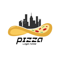 Pizza with sausage and mushrooms delivering logo. Piece of pie fastfood sign concept. - obrazy, fototapety, plakaty