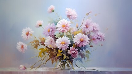 Bouquet of vibrant asters in soft pastels against a serene pale blue backdrop.