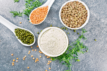 Flour lentil in bowl on granite countertop top