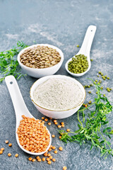 Flour lentil in bowl on gray granite table