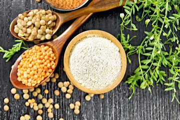 Flour lentil in bowl on wooden board top