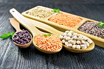 Lentils red with chickpeas and beans in spoons on board