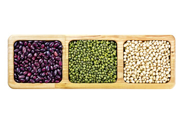Lentils with beans and soybeans in wooden menazhnitsa