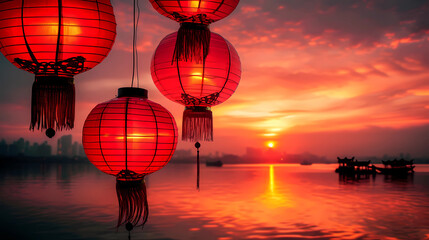 red lanterns as silhouettes against a dramatic sunset