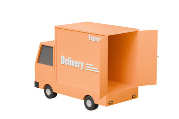 3D orange truck delivery or car express back door open delivery icon. online shopping or E-commerce concept. Minimal Cartoon icon design isolated on orange background. banner, copy space. 3D Rendering