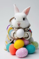 Fototapeta premium Easter Bunny with sweater to hold Easter Eggs. - AI Generative