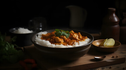 side view of traditional fresh curry fill in the white bowl and garnish with green leaf with aesthetic  background