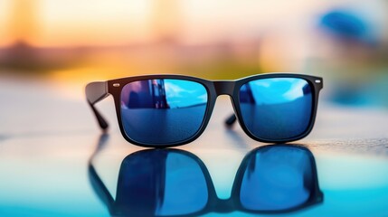 Closeup of a sleek pair of square sunglasses with black frames and blue mirrored lenses. - Powered by Adobe