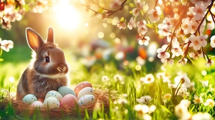 Fototapeten A charming, fluffy bunny surrounded by vibrant Easter eggs frolicking in a picturesque spring park © Mariana