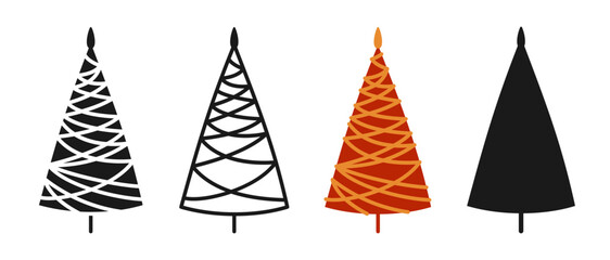 Christmas tree symbol cartoon and doodle, stamp stylized set. New Year xmas traditional stylized pine design for greeting card, invitation, banner, poster. Christmas trees abstract hand drawn vector