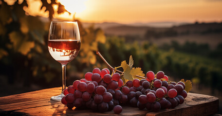 Glass of wine and a bunch of grapes on a wooden table overlooking a vineyard at sunset 