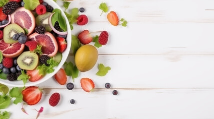 Naklejka na ściany i meble A bowl of fruits and vegetables sits on a white background.