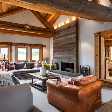 A cozy ski lodge interior with exposed wooden beams and plaid accents2