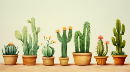 A watercolor style, minimal cartoon illustration of different cactuses, green, craft paper.