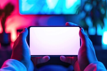Two hands holding horizontal white screen in a mobile device. Generative AI.