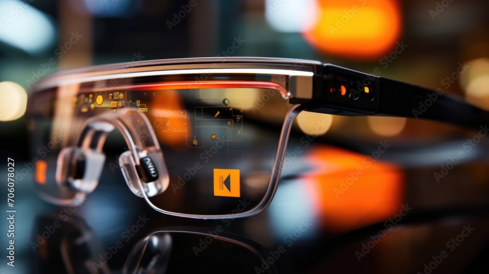 Poster closeup of a pair of smart glasses with builtin sensors that can detect eye fatigue and adjust scree