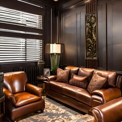 A masculine-themed den with leather furniture and dark wood accents4