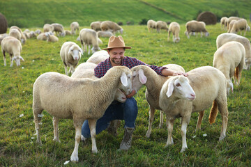Fototapeta na wymiar Smiling man feeding sheep on pasture at farm