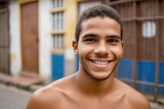 Happy young man on the outskirts. Image depicting a scene from a favela in Latin America. AI generated image.