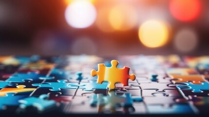 Closeup of a jigsaw puzzle piece fitting perfectly into its place, representing the importance of cooperation in conflict resolution. - obrazy, fototapety, plakaty