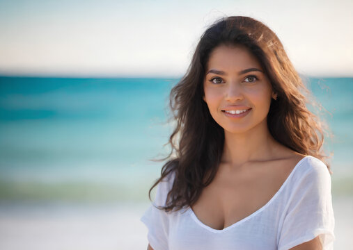Smiling woman on a beautiful beach. AI generated image.