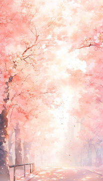 公園の中の桜並木の水彩画　AI画像
