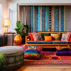 A bohemian-inspired living space with floor cushions, tapestries, and vibrant colors1