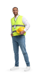 Engineer with hard hat and badge on white background