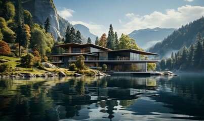 Exterior of a modern futuristic house near a lake in Switzerland with a peaceful landscape - obrazy, fototapety, plakaty