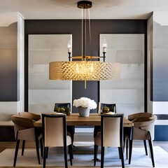 A contemporary dining room with a statement lighting fixture and modern chairs4