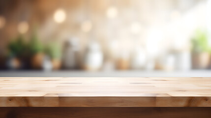 Empty beautiful wood table top counter and blur bokeh modern kitchen interior background in clean and bright,Banner, Ready for product montage. Generative AI illustration - obrazy, fototapety, plakaty