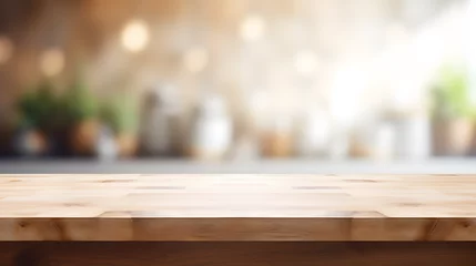 Foto op Canvas Empty beautiful wood table top counter and blur bokeh modern kitchen interior background in clean and bright,Banner, Ready for product montage. Generative AI illustration © สรศักดิ์ ธรรมวงษ์ษา