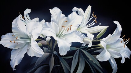 Elegant lilies in pristine white, their intricate blooms against a seamless midnight blue backdrop.