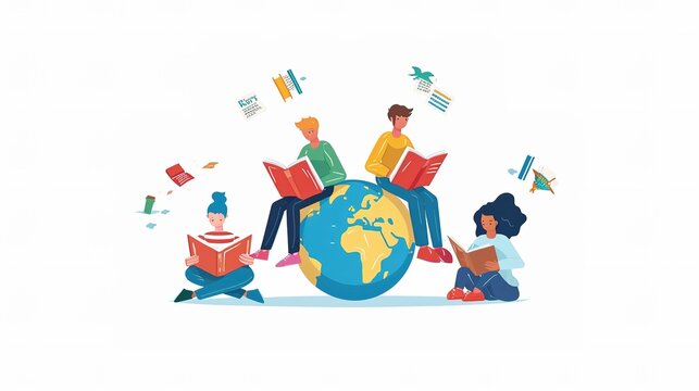Literacy Day with People celebrate Literacy Day by reading books on the Earth. flat vector illustration. illustration vector isolated on white background. Generative by AI