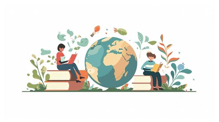 Literacy Day with People celebrate Literacy Day by reading books on the Earth. flat vector illustration. illustration vector isolated on white background. Generative by AI