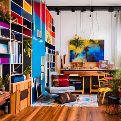 A vibrant and eclectic artists studio with splashes of color and creative chaos4