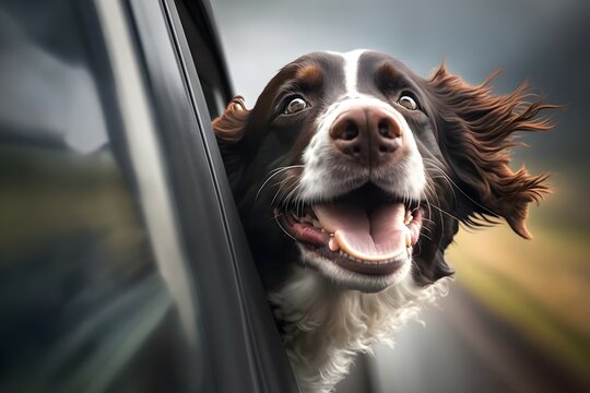 happy dog with head out of the car window having fun, realistic,
