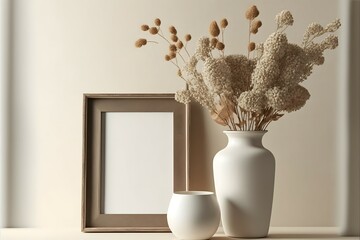 picture frame mockup and vase with white flowers, Beige linen tablecloth. White wall background. Scandinavian interior still life