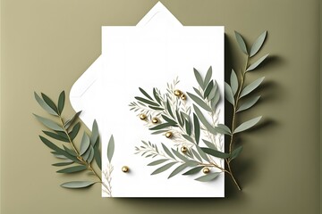 Blank Wedding invitation card mockup with natural olive twigs.