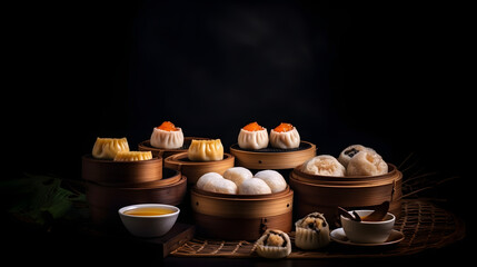 Prawn shrimp shaomai dim sum dumpling in bamboo steamer, Dim sum with shrimp on wooden plate on dark stone table macro close up