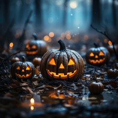 Carved pumpkins beneath a ghostly forest glow