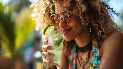 Young Woman Drinking Refreshing Mint Mojito In The Sunlight.  (Generative AI). - obrazy, fototapety, plakaty