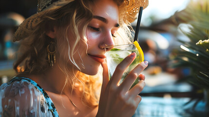 Young Woman Drinking Refreshing Mint Mojito In The Sunlight.  (Generative AI). - obrazy, fototapety, plakaty