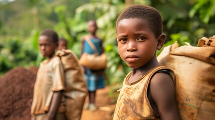 West African Child Looking At Camera Hauling Coffee Beans At A Plantation.  (Generative AI). - obrazy, fototapety, plakaty
