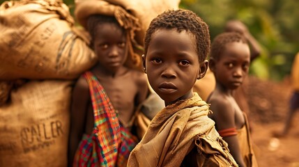 West African Child Looking At Camera Hauling Coffee Beans At A Plantation.  (Generative AI).